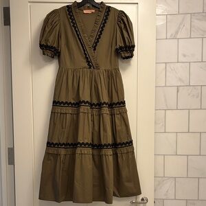 Elegant Olive Green Dress with Black Rickrack Trim